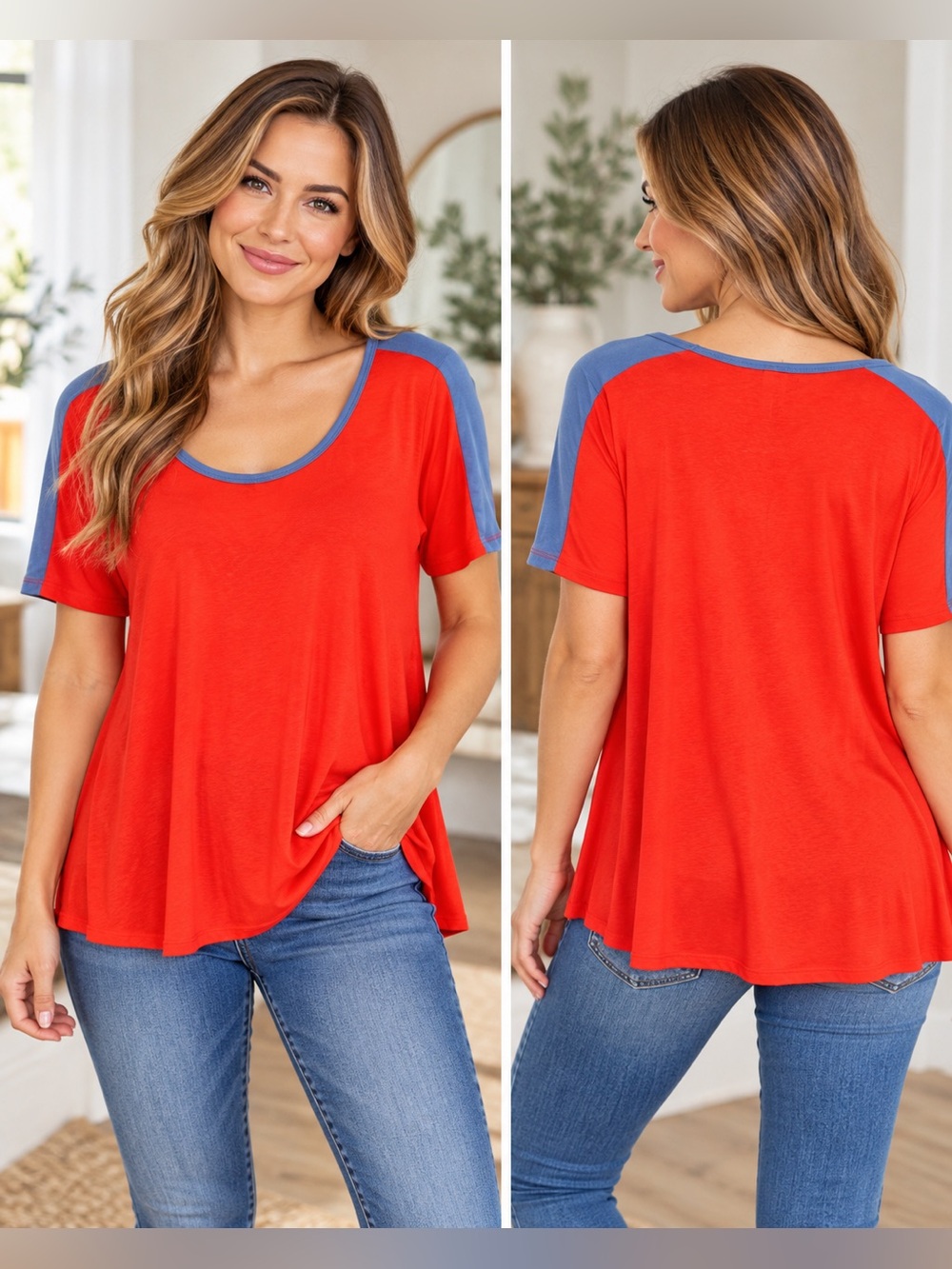 LuLaRoe Red Blue Colorblock Scoop Neck Top Medium Retro Casual